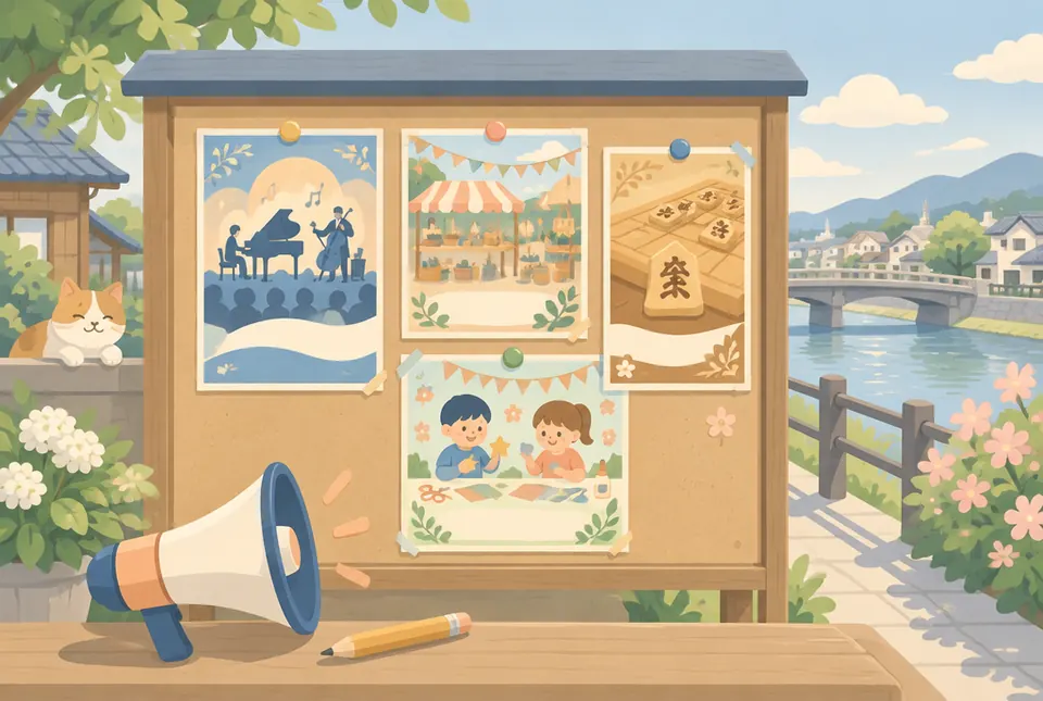 音楽会・バザー・将棋・子ども工作のチラシが貼られた掲示板のイラスト