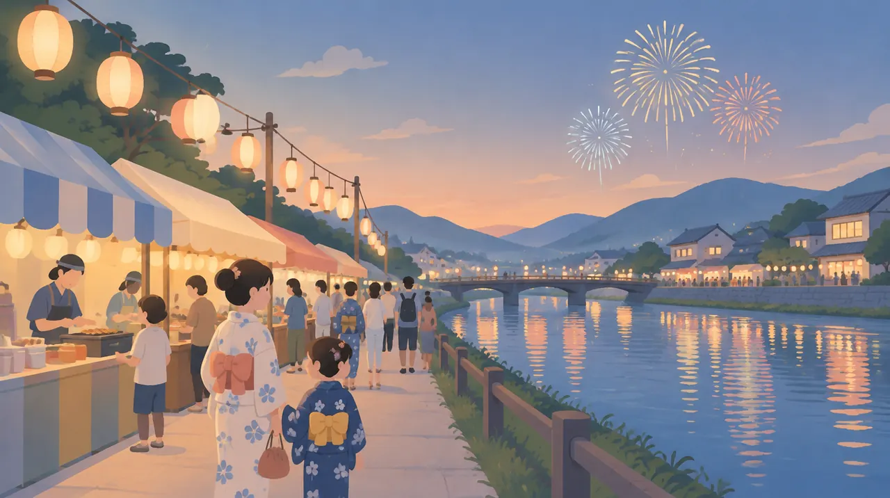 夕暮れの川沿いに提灯と屋台が並び、花火が上がる夏祭りのイラスト