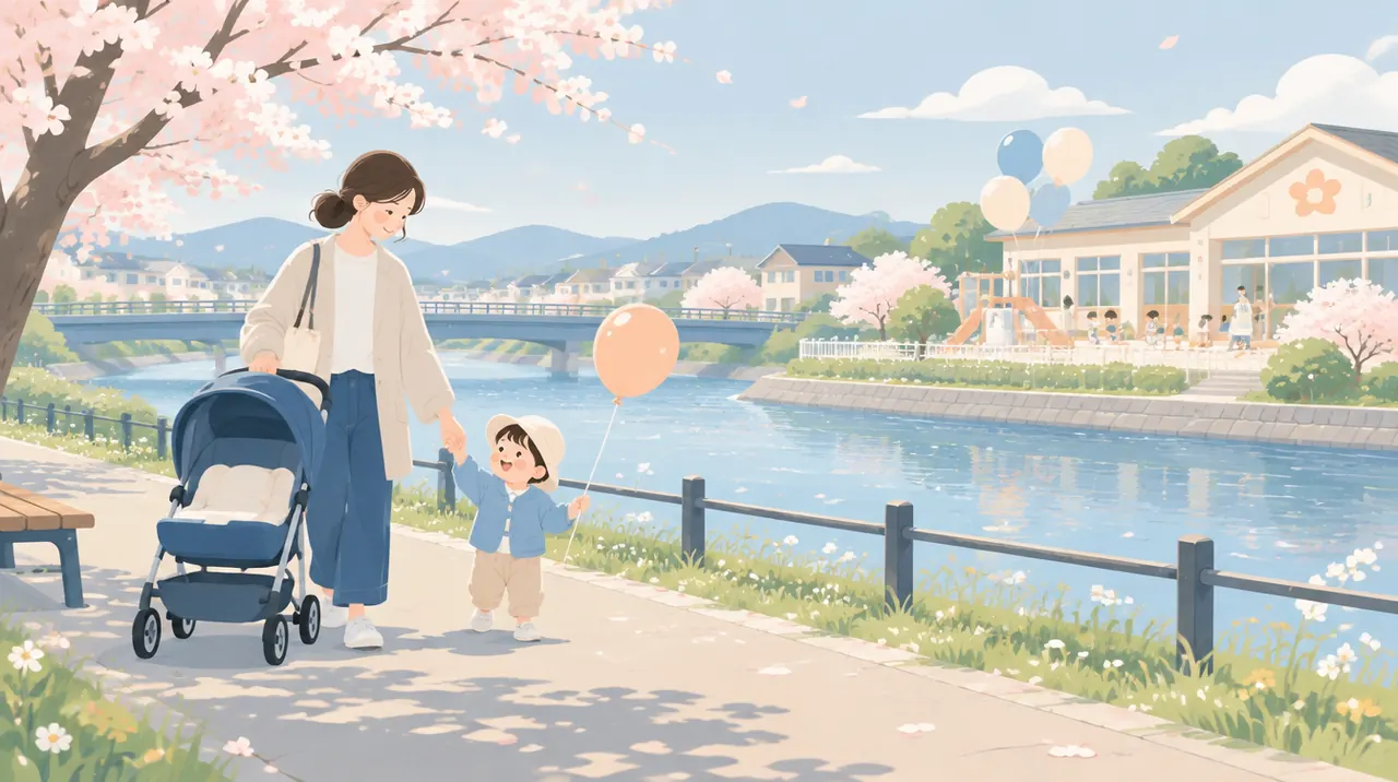 川沿いの公園をベビーカーと歩く親子のイラスト