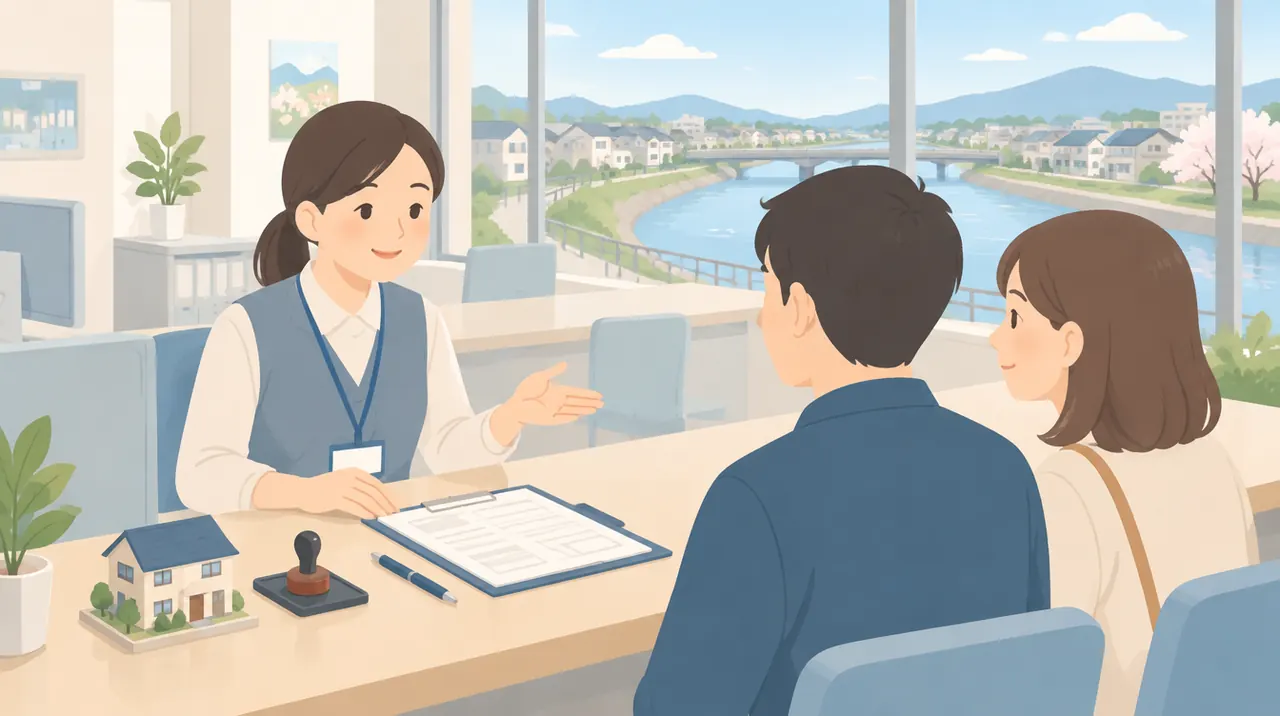 市役所の窓口に、書類とペンと印鑑、家の模型が置かれたイラスト
