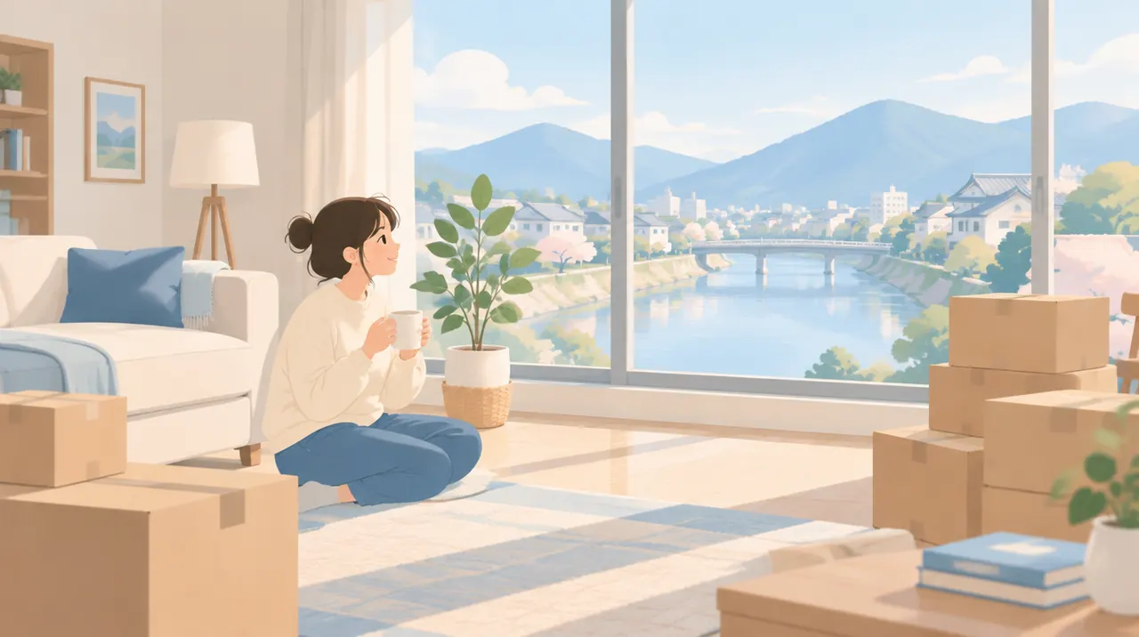 新居のリビングで、荷物の箱に囲まれて窓の外の川と山を眺めるイラスト