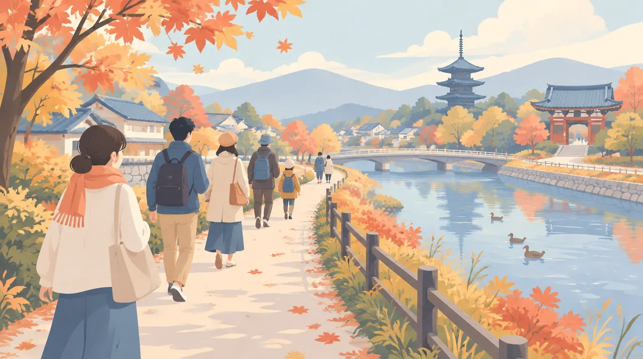 秋の川沿いの道を、親子や仲間が歩くイラスト