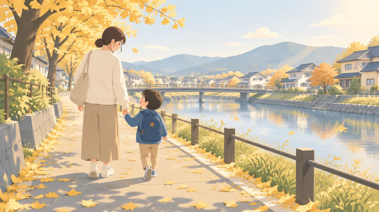 保護者と小さな子どもが手をつないで歩くイラスト