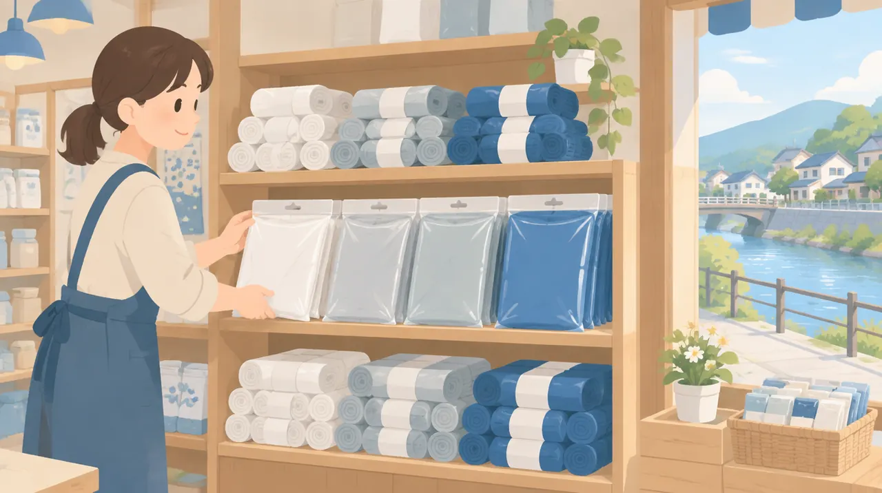 店の棚に並ぶごみ袋のイラスト