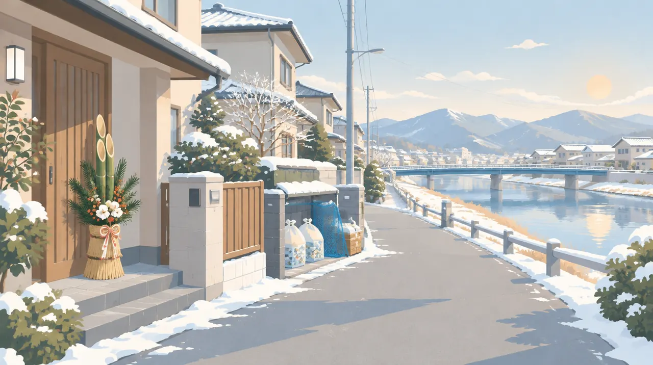 門松の飾られた冬の朝の住宅街のイラスト