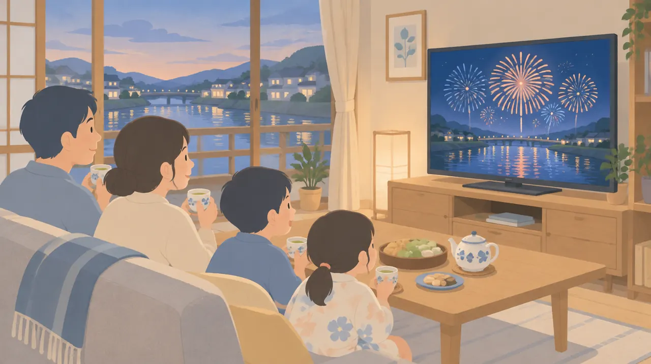 家族でテレビの花火中継を見るリビングのイラスト