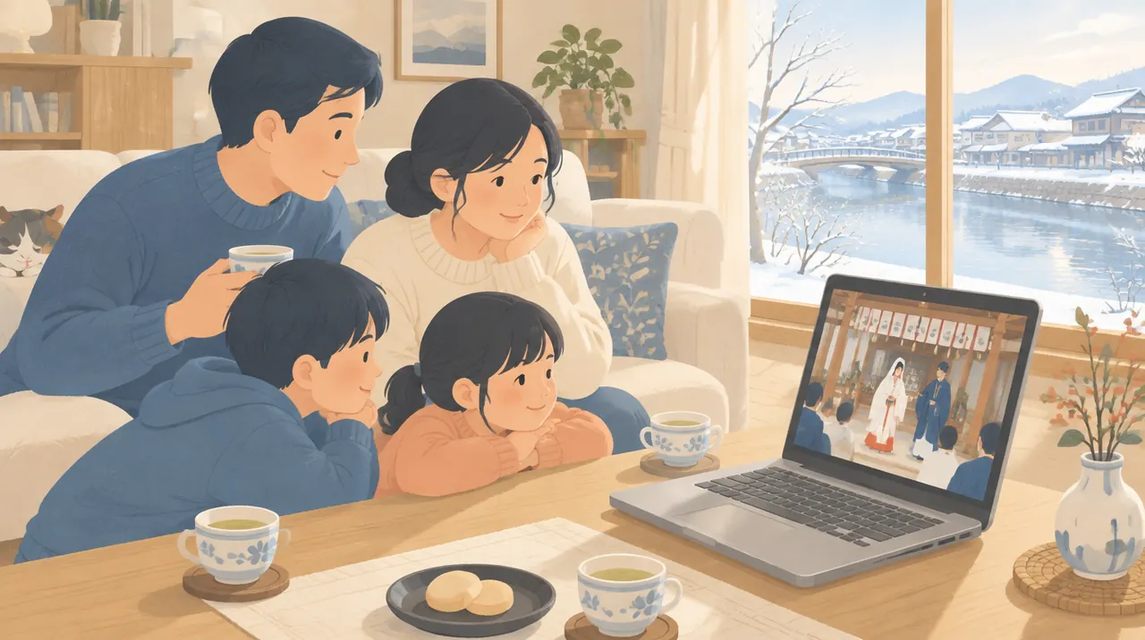 自宅で、家族がパソコンの画面で式典の配信を見るイラスト