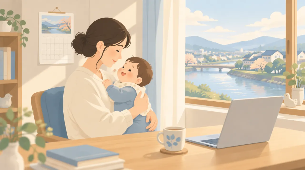 育休中に赤ちゃんを抱いて、カレンダーとパソコンを前にするイラスト