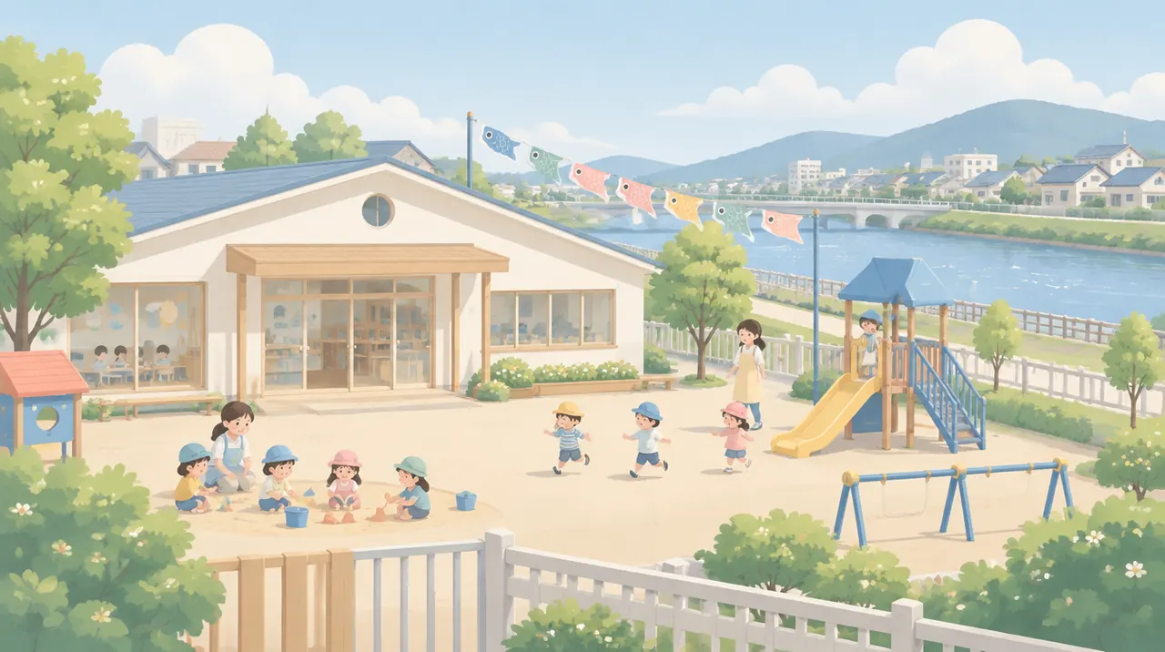 園庭で子どもたちが遊ぶ保育施設のイラスト