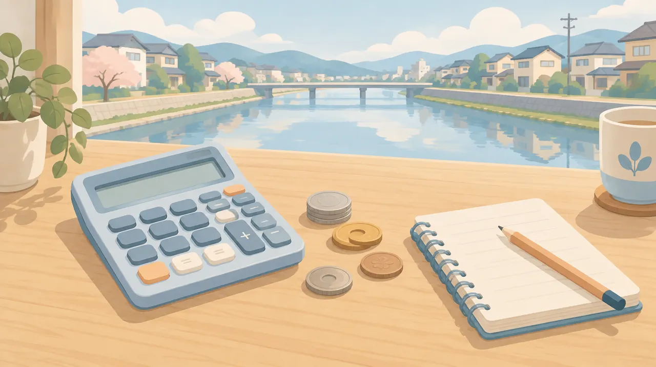 電卓とメモ帳、硬貨が置かれたテーブルのイラスト