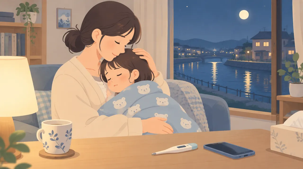 夜、眠そうな子どもを抱く親と、体温計とスマホのイラスト