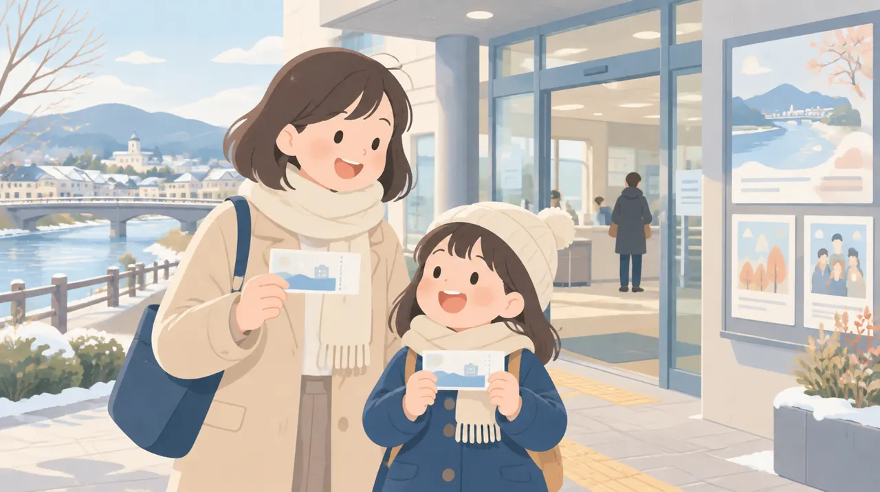 ホールの入口で、チケットを手に親子が笑顔で並ぶイラスト