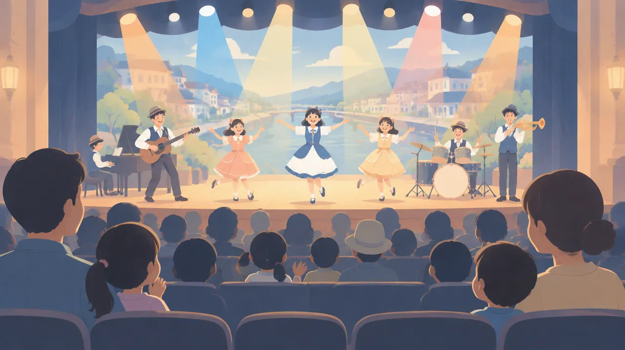 大きなホールで、親子が舞台を楽しむイラスト