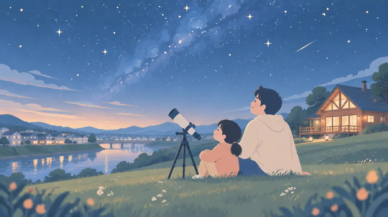 夜の広場で、親子が星空を見上げるイラスト