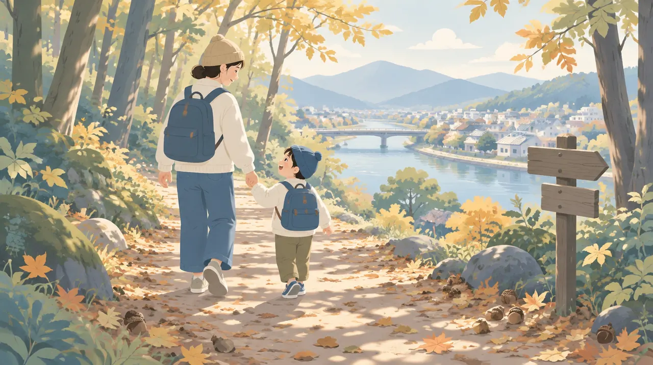 紅葉の森を、親子が散策するイラスト
