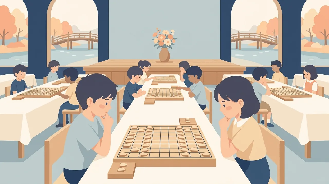 将棋の大会で、真剣に盤を見つめる子どもたちのイラスト
