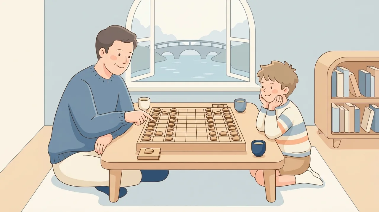将棋盤を囲んで、子どもと大人が対局するイラスト