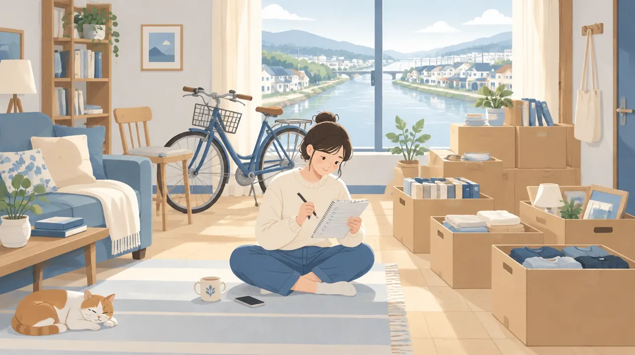 引っ越し前に家具や荷物を仕分けして、チェックリストを書くイラスト