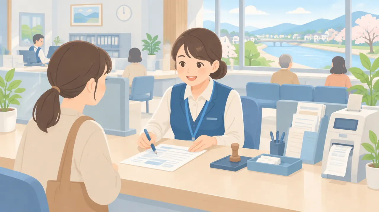 窓口で職員から書類の案内を受けるイラスト