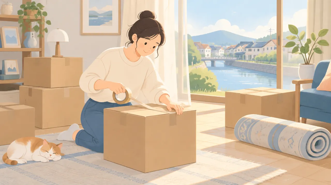引っ越し前に、荷物を段ボールに詰めてテープで留めるイラスト